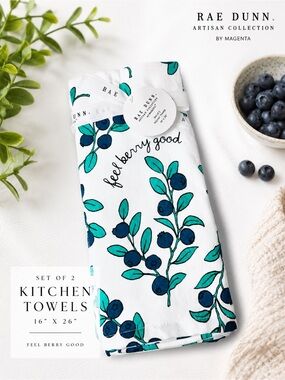 Rae Dunn Blueberry 'feel berry good' White Cotton Kitchen 3 Towel Set